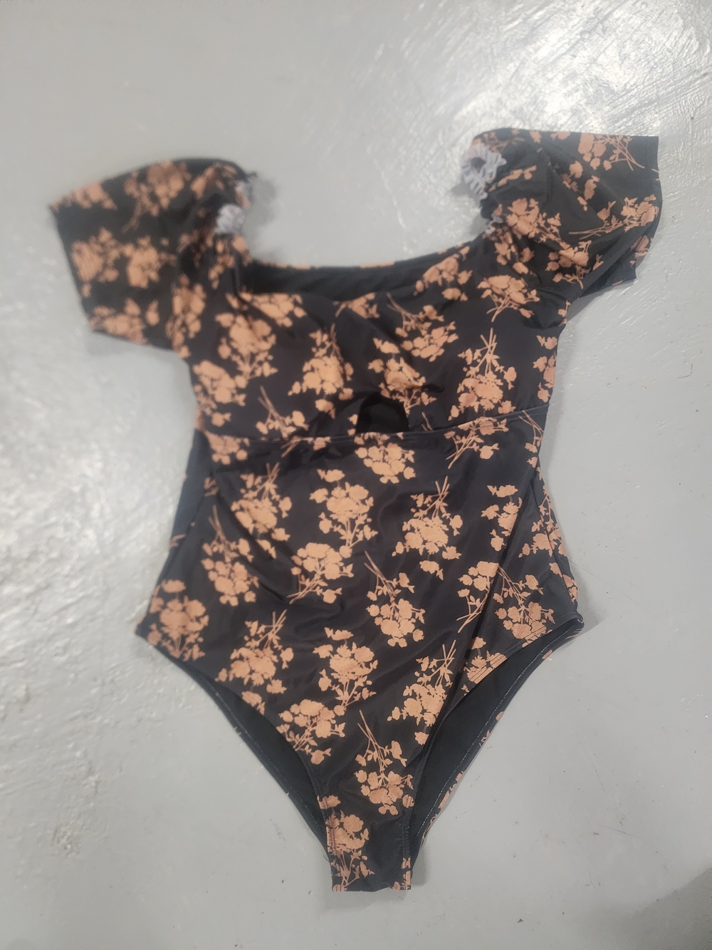 Shein Floral One-Piece Swimsuit - Black with Peach Blossoms